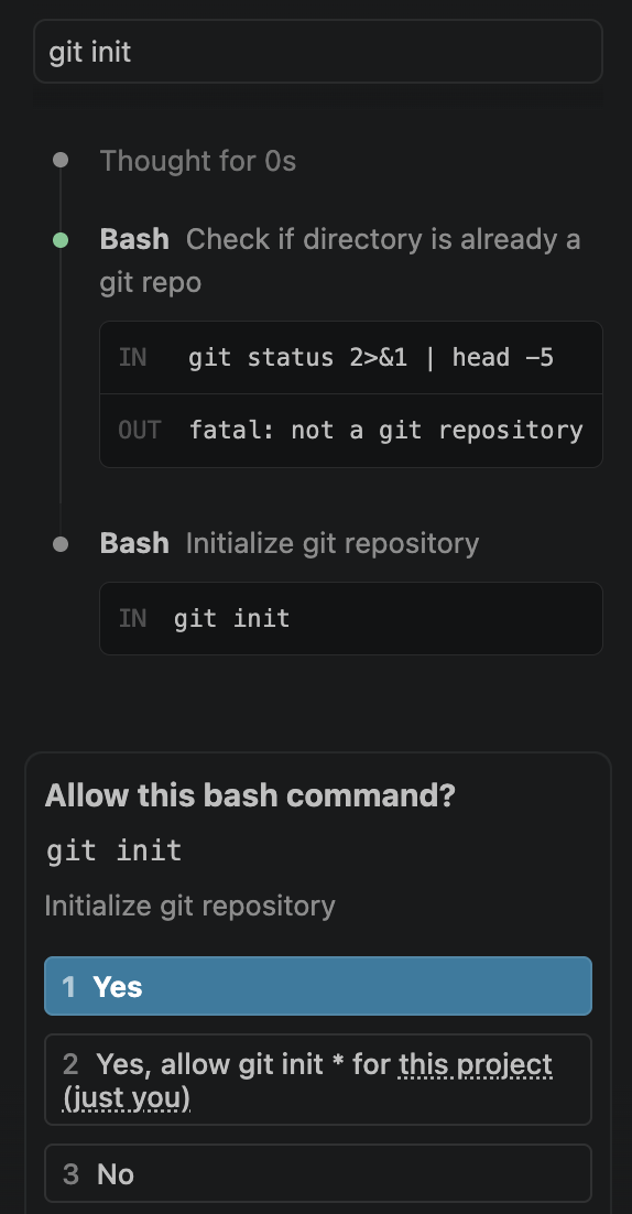 AI Assistant kiểm tra và chạy lệnh git init