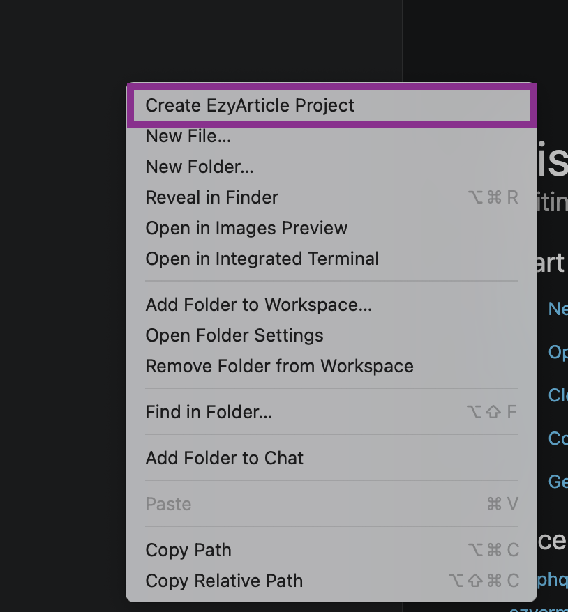 Menu item Create EzyArticle Project