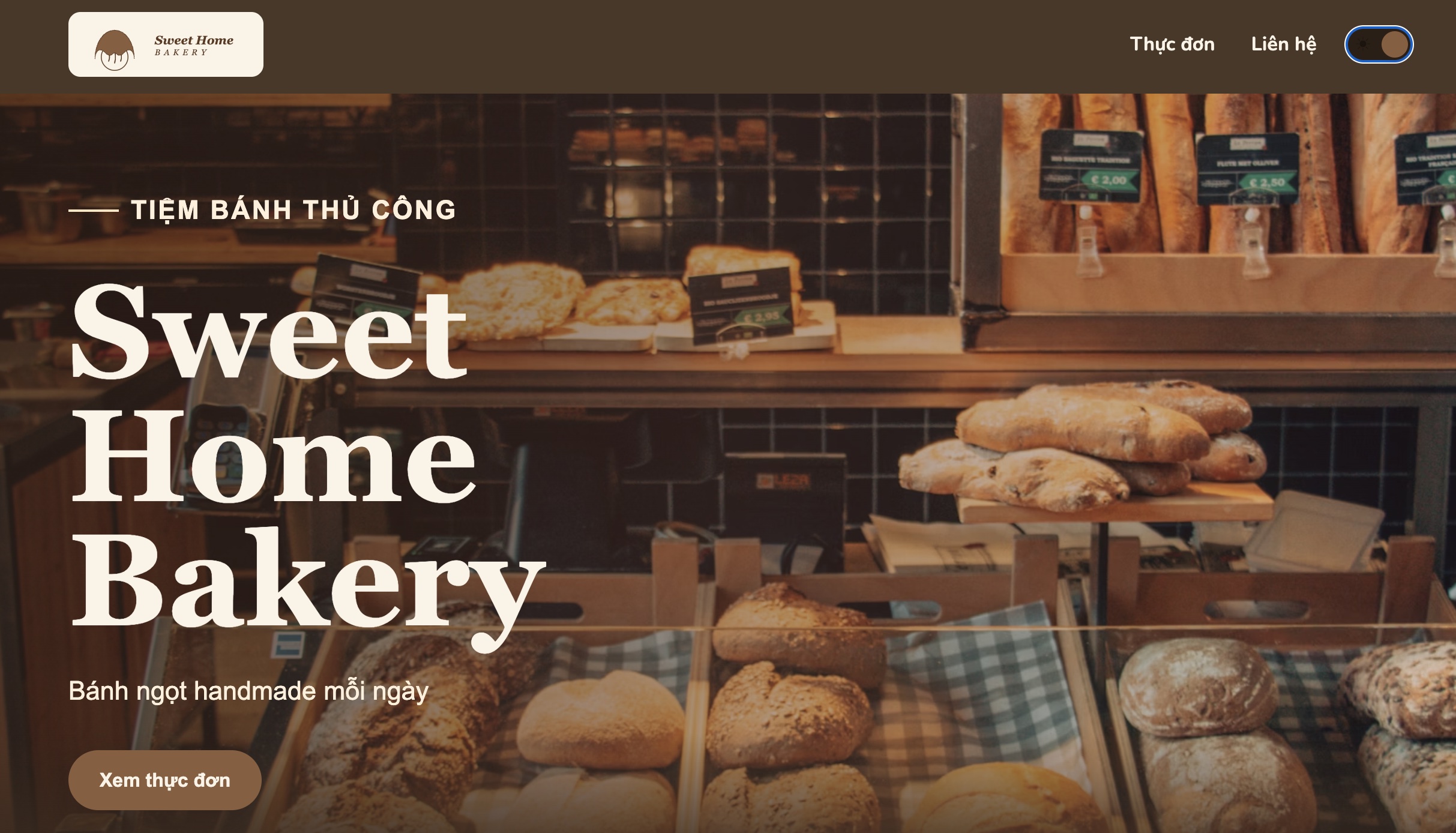 Header trang Sweet Home Bakery ở chế độ dark mode