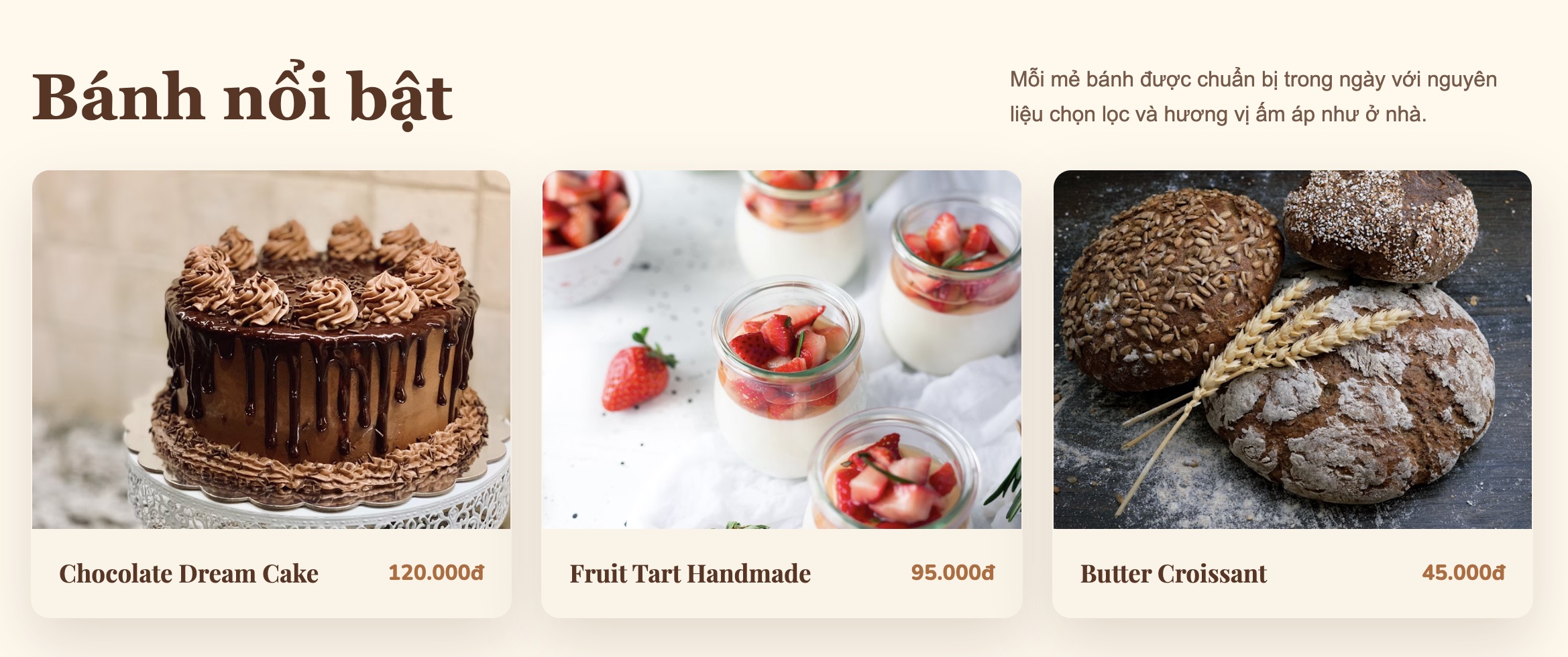 Section Bánh nổi bật với 3 thẻ bánh