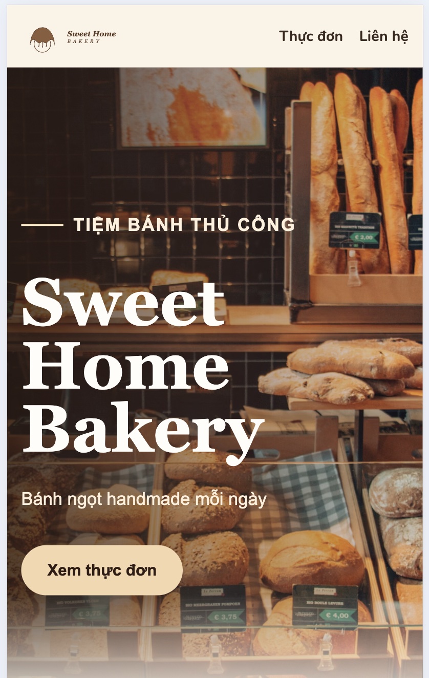 Trang Sweet Home Bakery hiển thị trên điện thoại