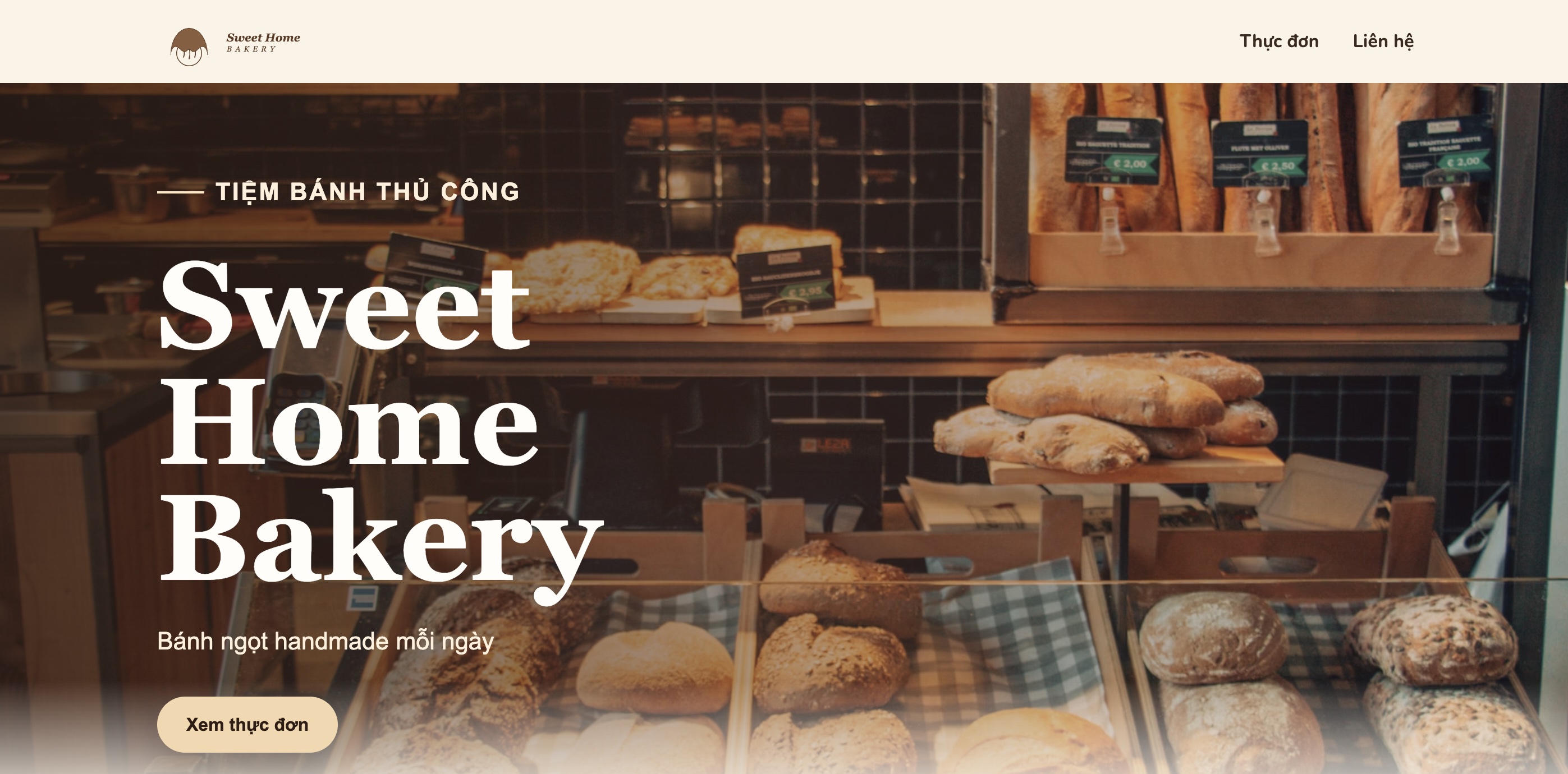 Header trang Sweet Home Bakery sau khi thêm logo