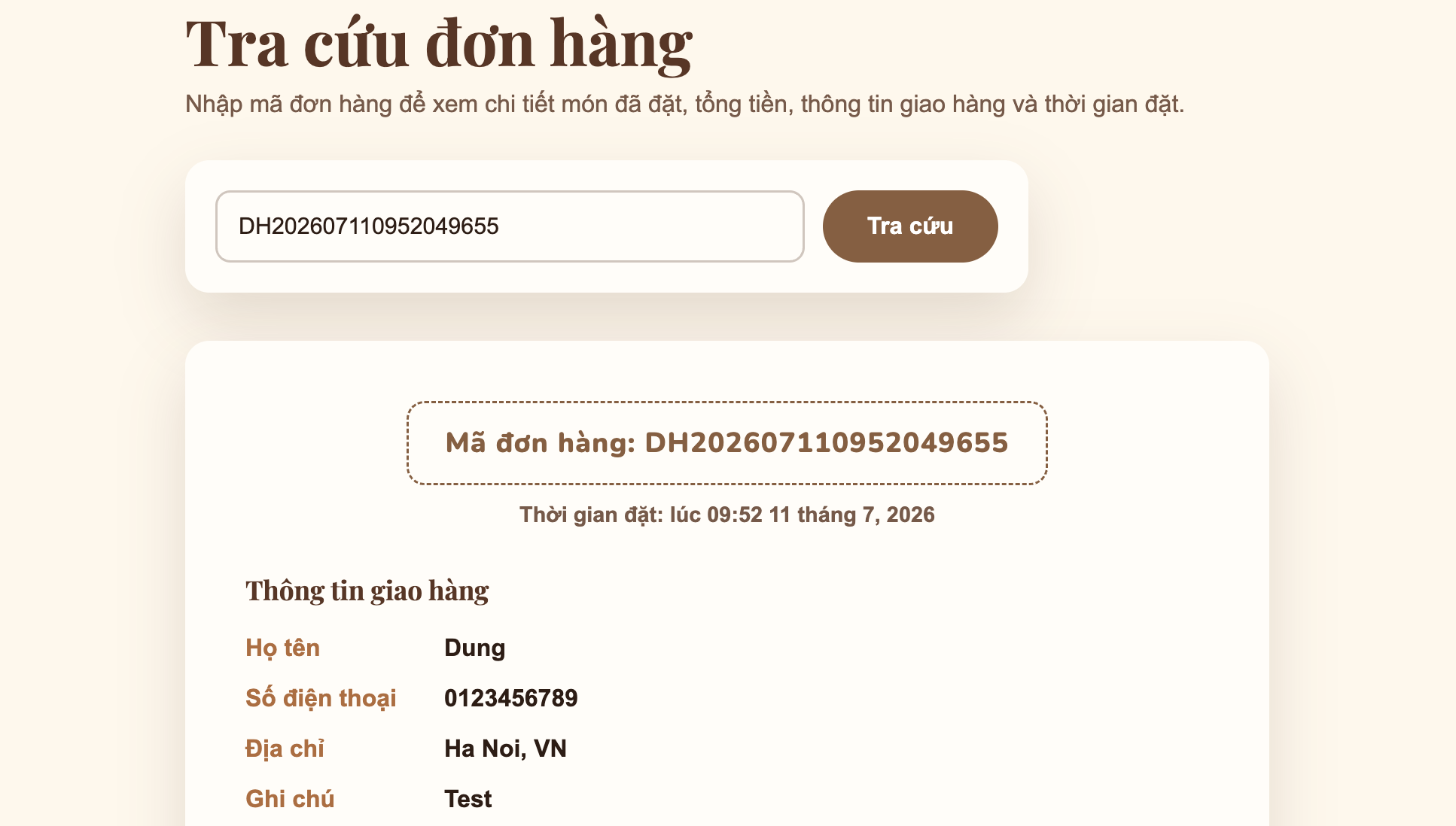 Trang Tra cứu đơn hàng hiển thị chi tiết đơn theo mã đơn hàng