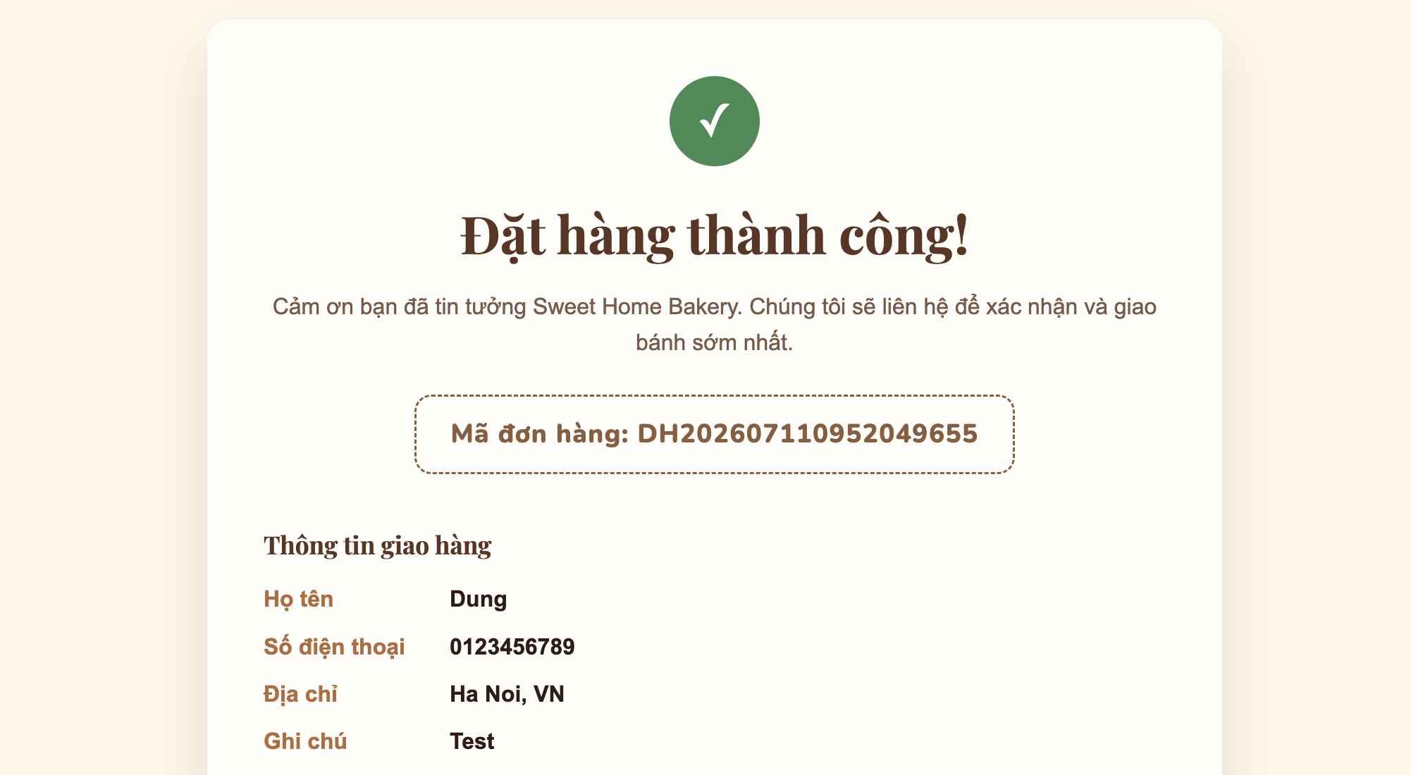 Trang xác nhận đặt hàng thành công với mã đơn hàng
