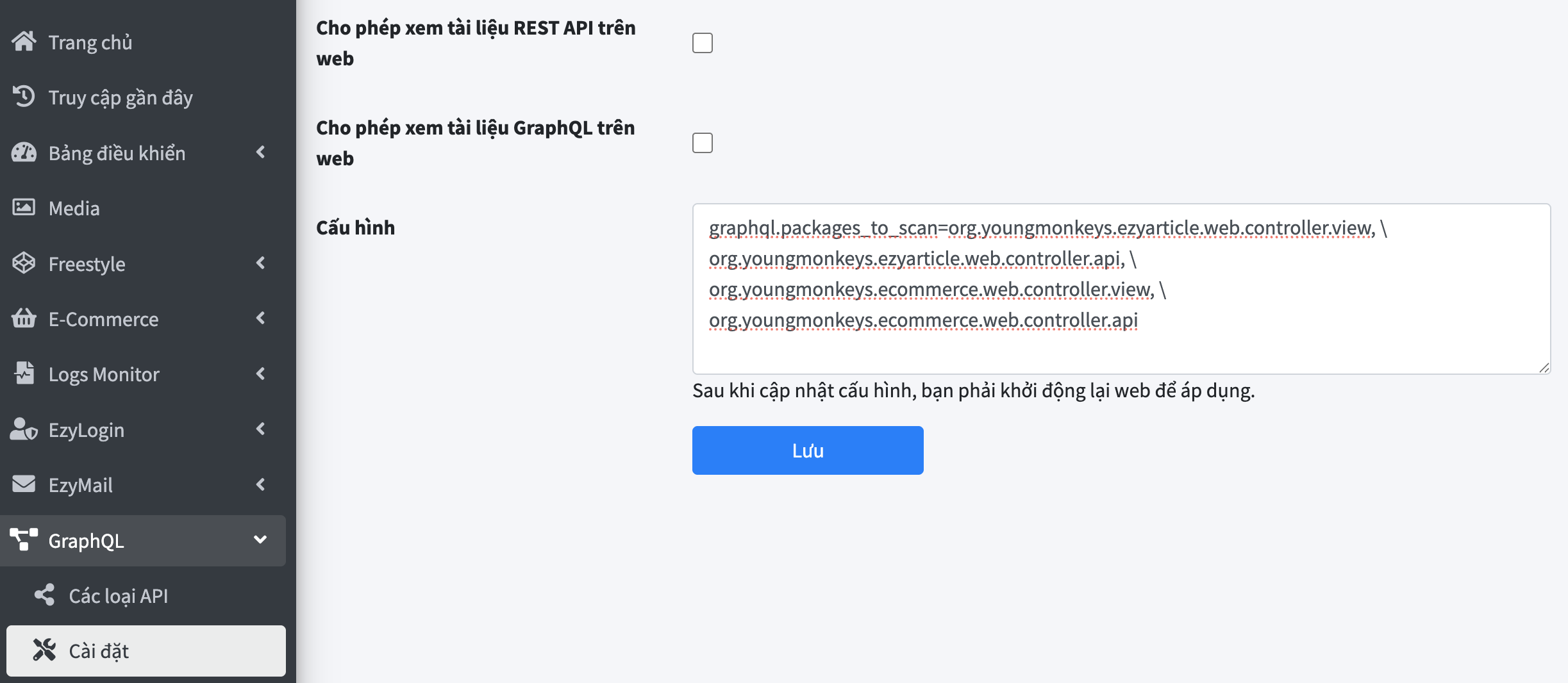 Trang cấu hình GraphQL trên EzyPlatform