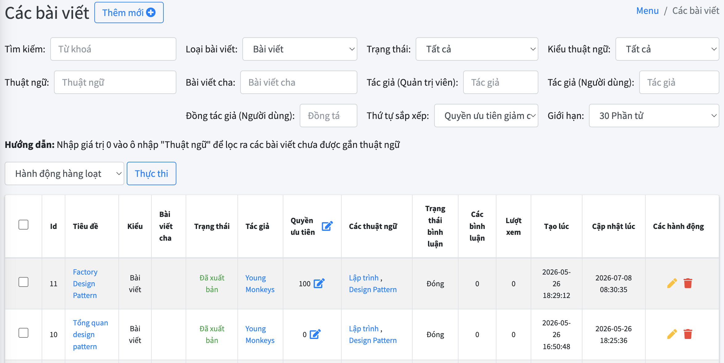 Trang quản lý danh sách bài viết trong EzyArticle