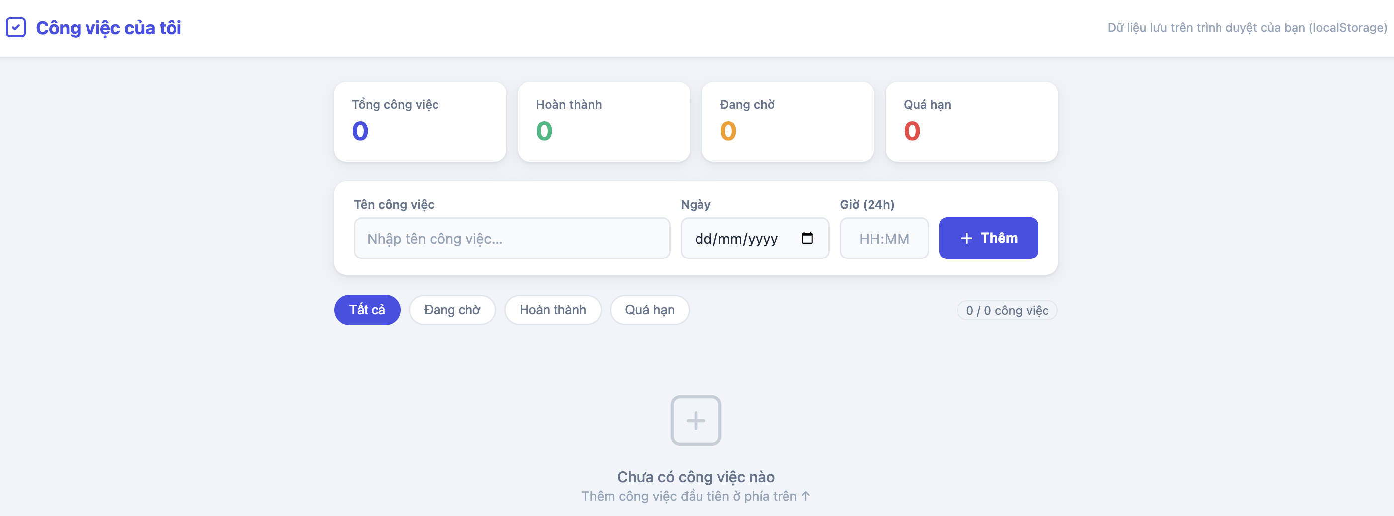 Trang Công việc của tôi đang lưu dữ liệu ở localStorage