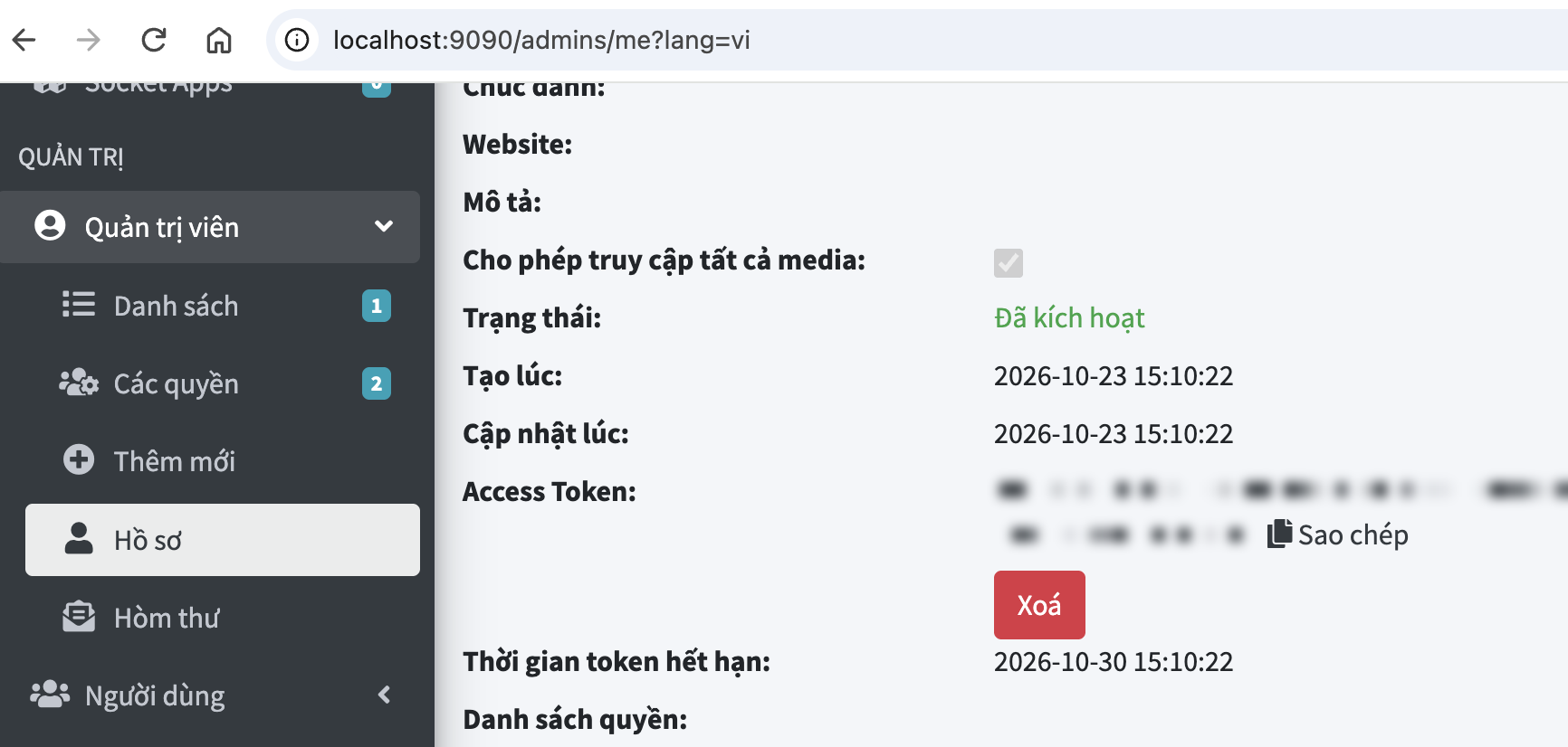 Trang hồ sơ quản trị viên hiển thị Access Token