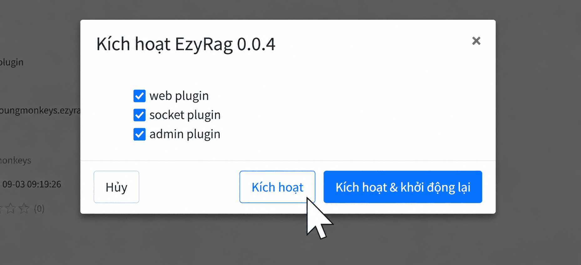 Cửa sổ kích hoạt các thành phần của EzyRAG