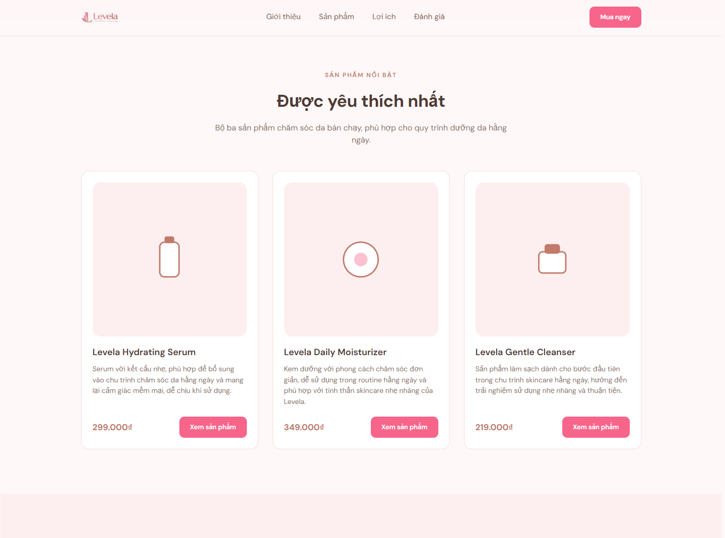Product Section của Landing Page levela sau khi thay dữ liệu sản phẩm thật