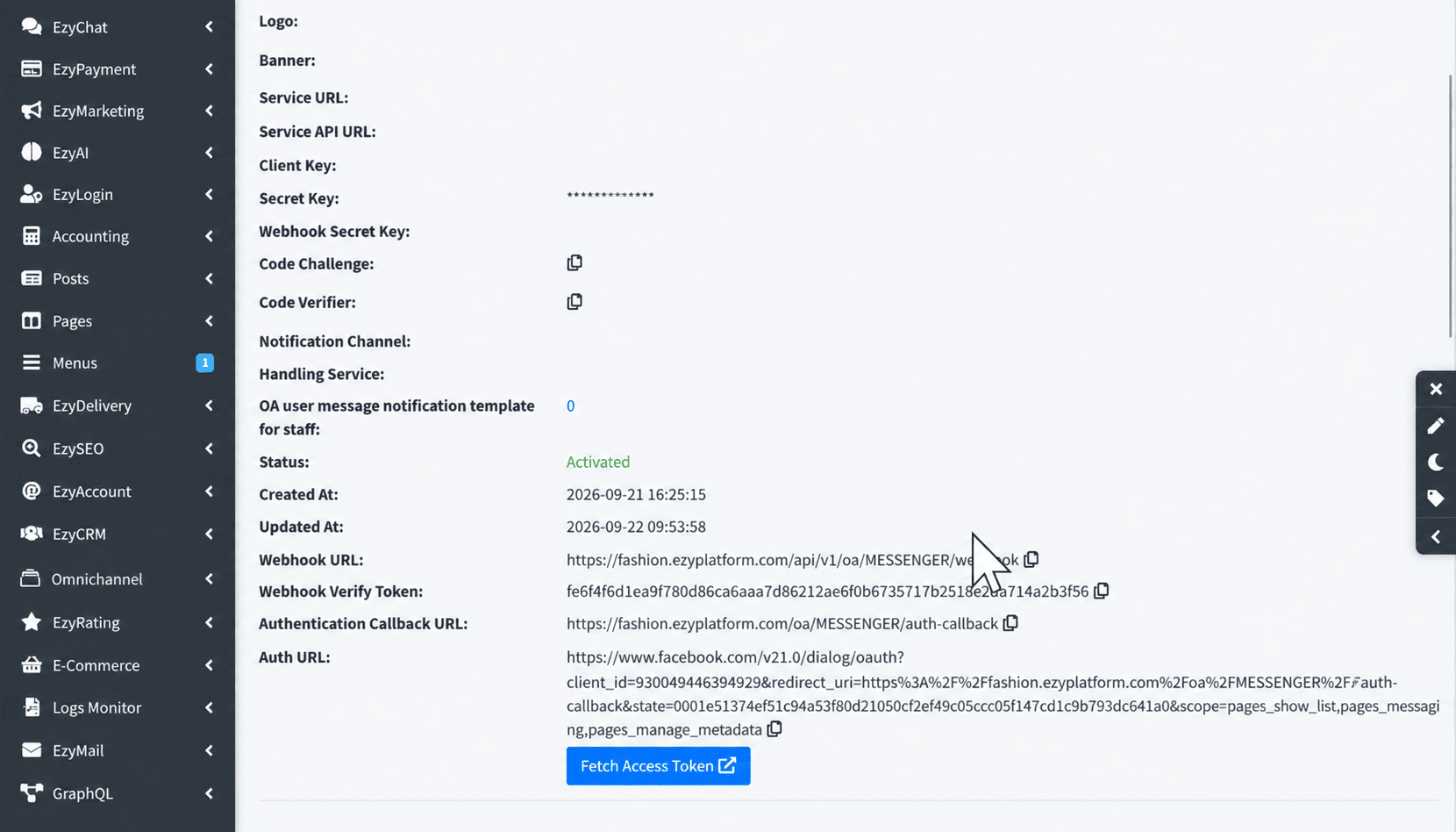 Thông tin Webhook URL và Webhook Verify Token của dịch vụ Messenger
