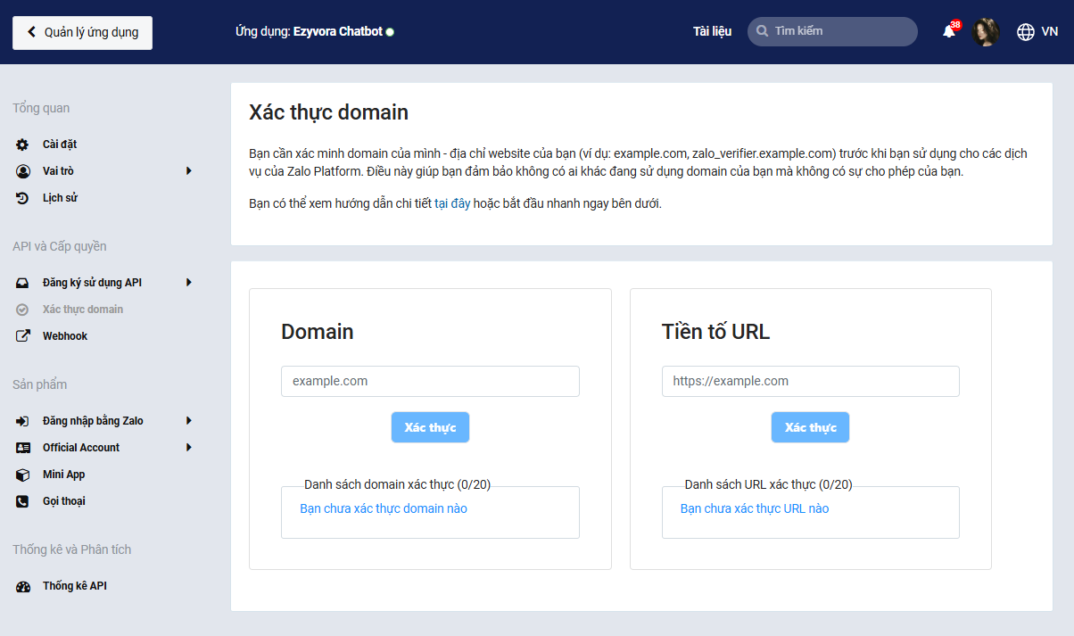 Màn hình xác thực Domain hoặc Tiền tố URL trên Zalo for Developers