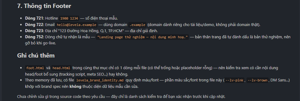 AI liệt kê dữ liệu mẫu cần thay thế trên Landing Page levela - phần 2