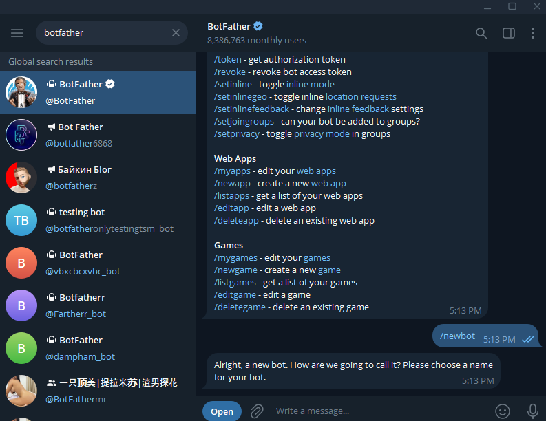Nhập lệnh /newbot và đặt tên cho bot