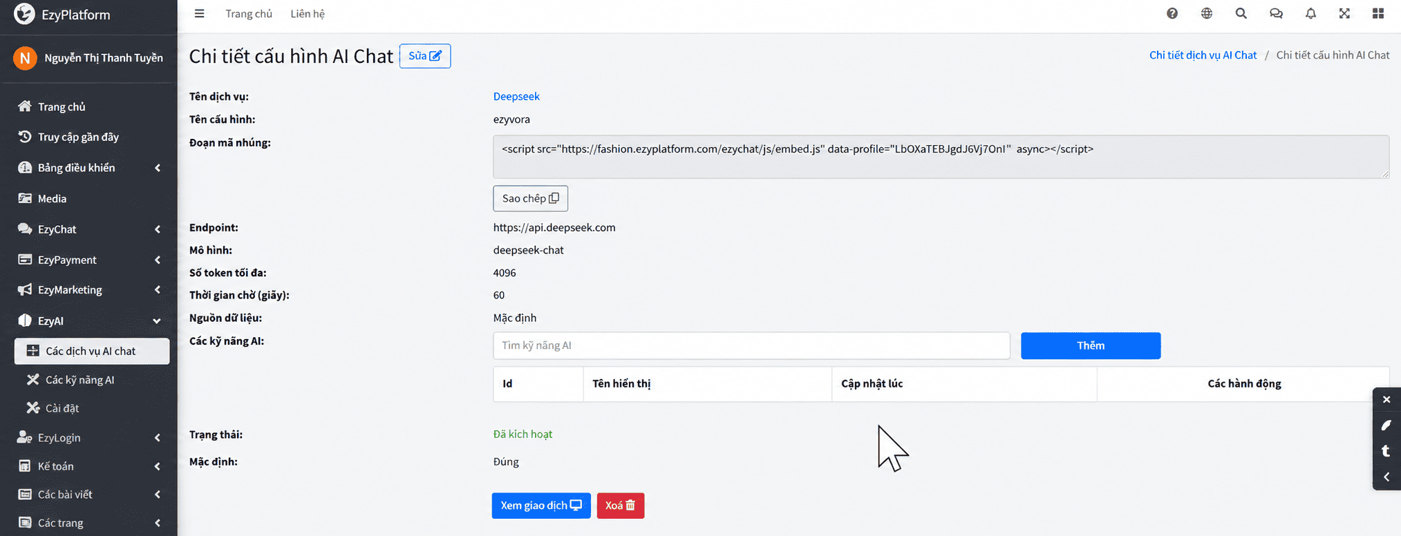 Mở cấu hình ezyvora trong dịch vụ AI chat Deepseek