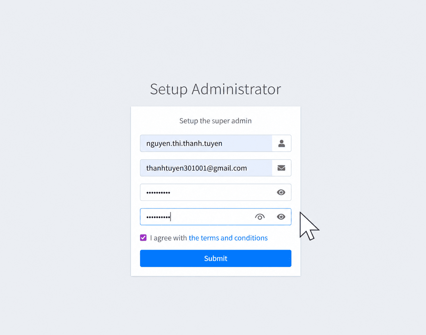 Giao diện khởi tạo tài khoản admin EzyPlatform