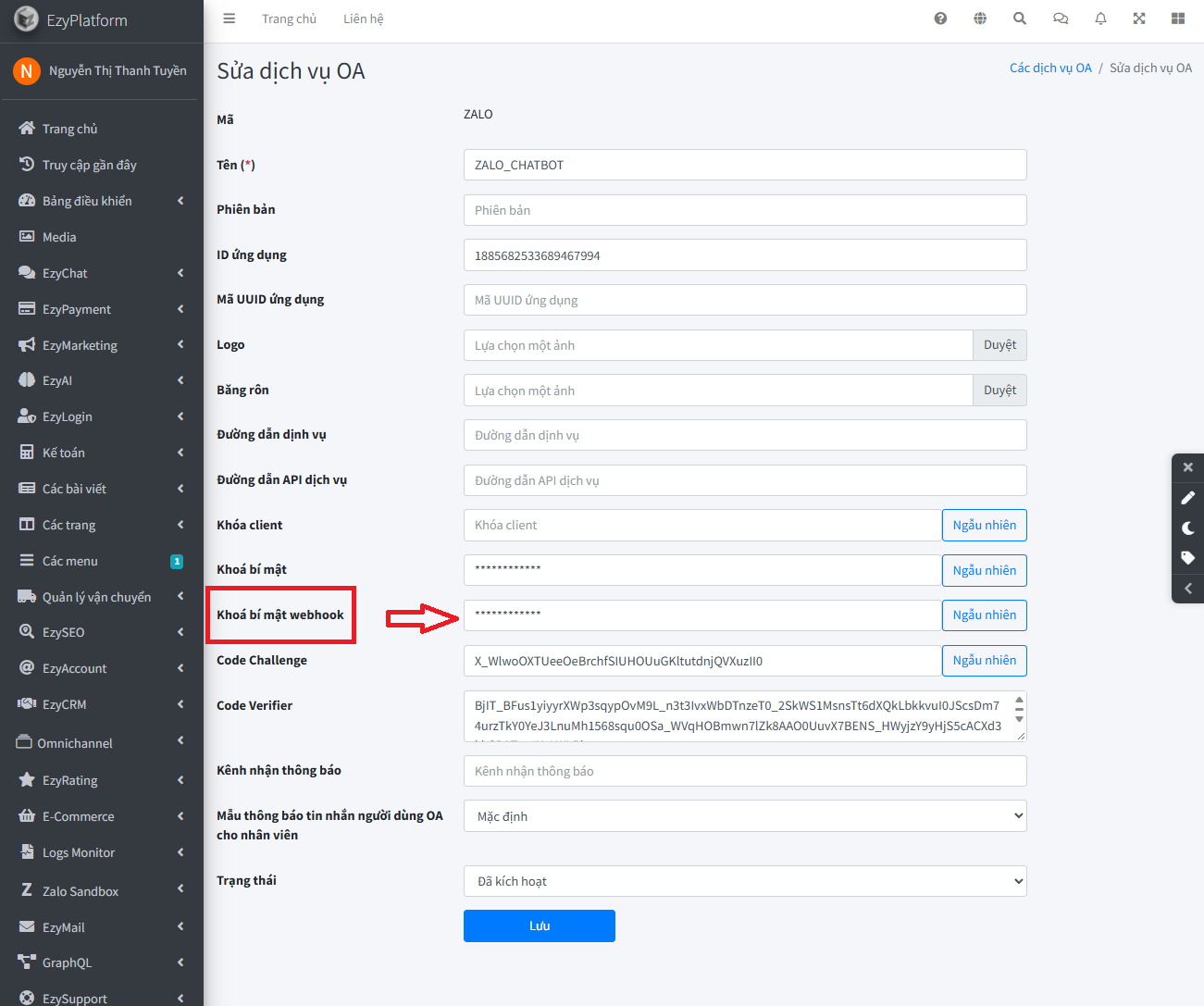 Nhập OA Secret Key vào trường Khóa bí mật webhook trong EzyOA