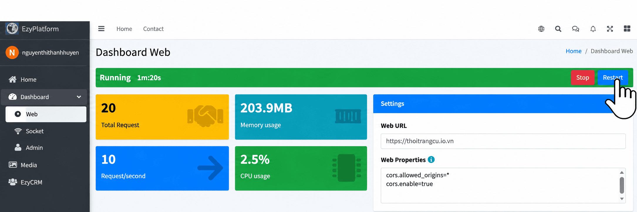 Restart web trong Dashboard → Web