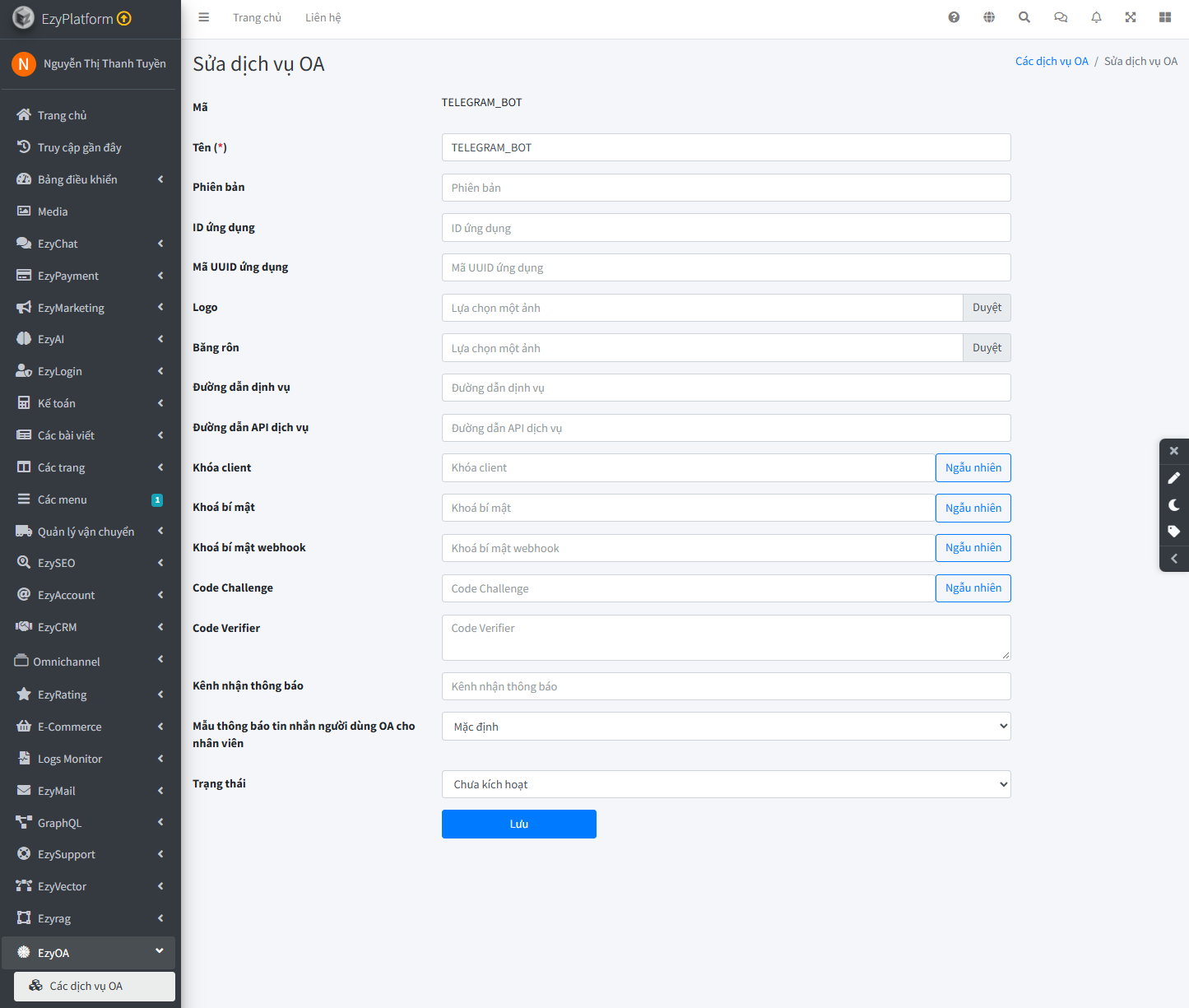 Mở dịch vụ TELEGRAM_BOT trong EzyOA