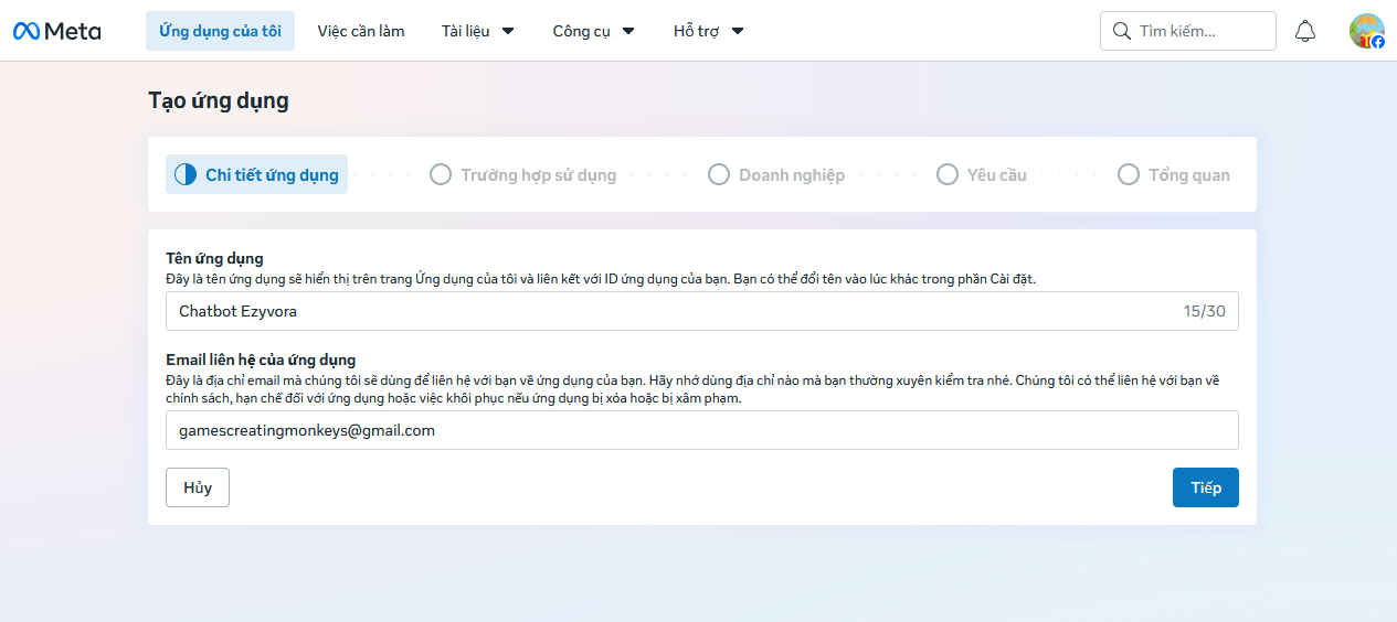 Nhập Tên ứng dụng và Email liên hệ