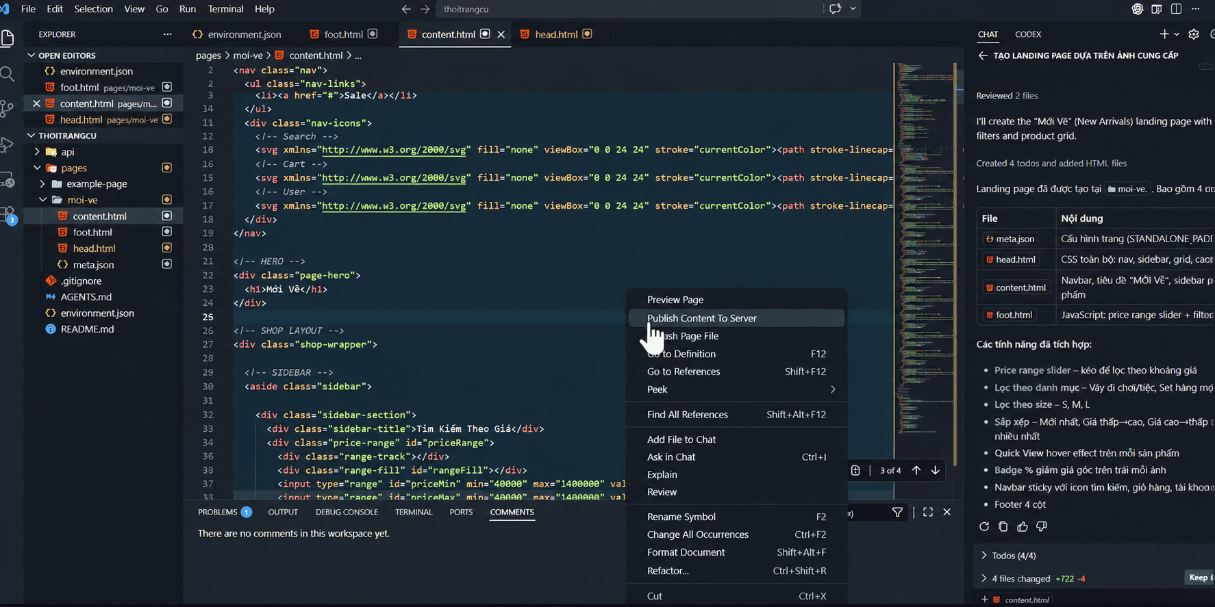 Chọn Publish Content To Server cho content.html