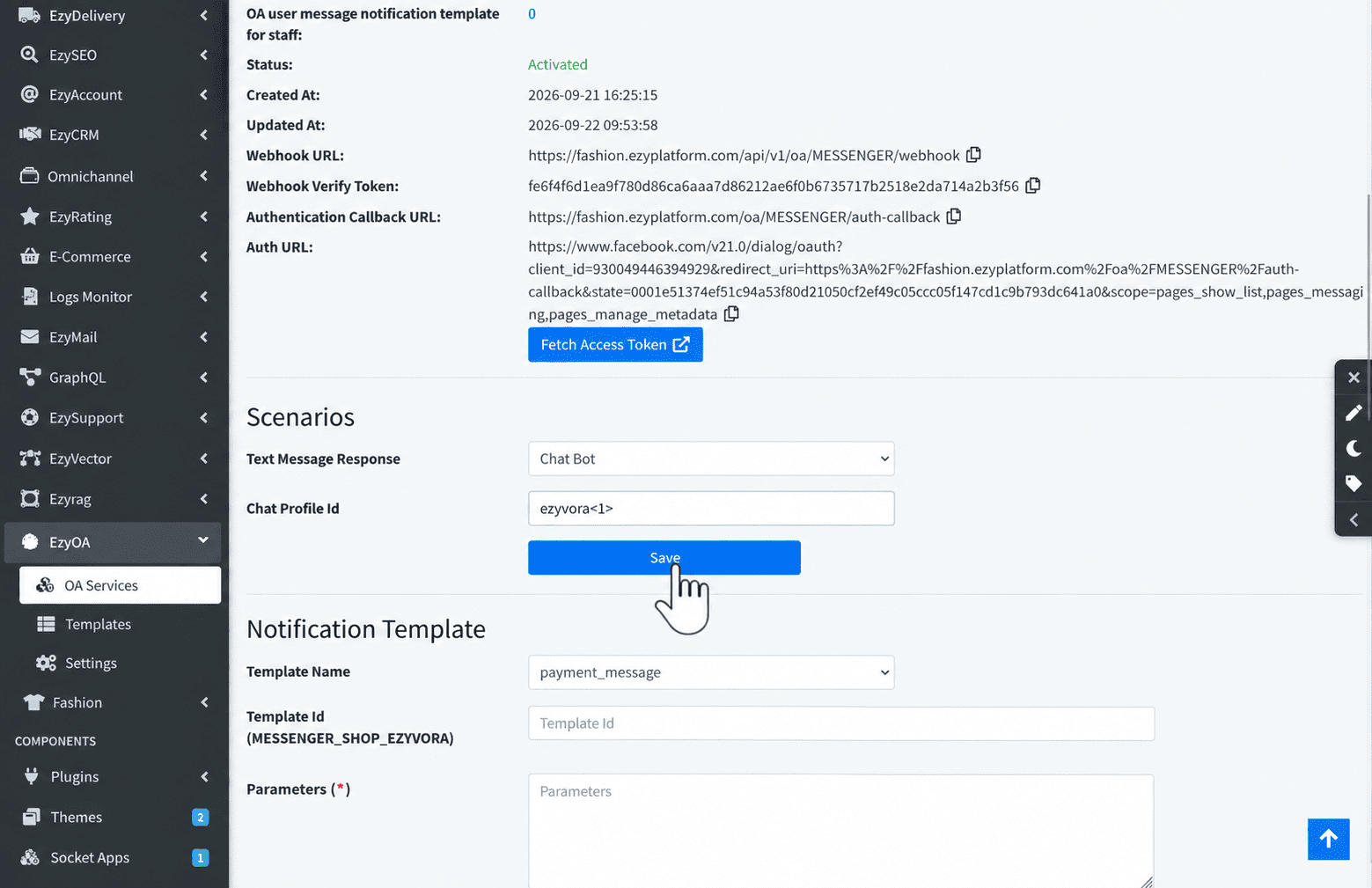 Nhấn Save để lưu cấu hình Scenarios của dịch vụ Messenger