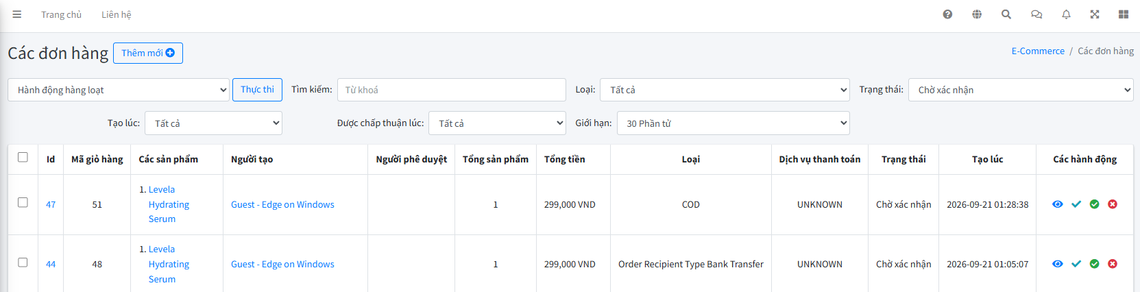 Đơn hàng vừa tạo xuất hiện trong EzyPlatform Admin - Ecommerce