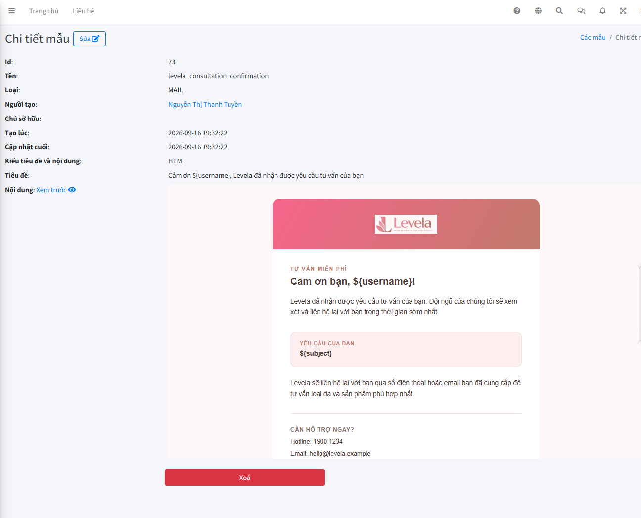 Chi tiết Mail Template levela_consultation_confirmation