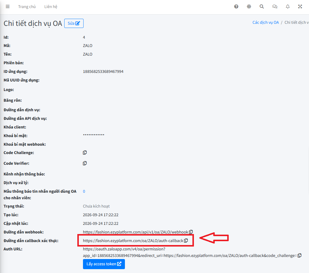 Trường Official Account Callback Url tại Thiết lập chung