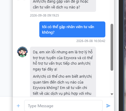 Chatbot phản hồi khi khách muốn gặp nhân viên tư vấn