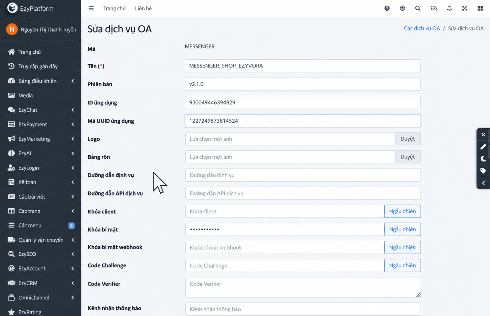 Nhập Page ID vào trường Mã UUID ứng dụng
