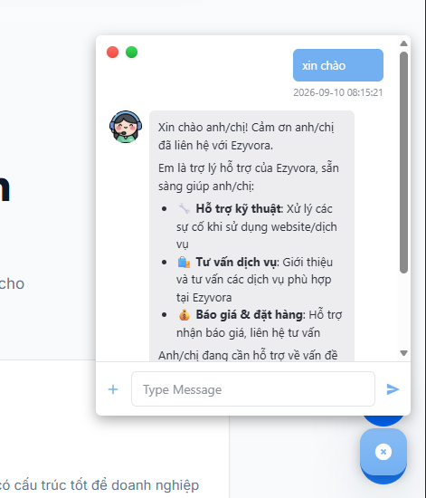 Gửi thử tin nhắn xin chào cho chatbot trên website