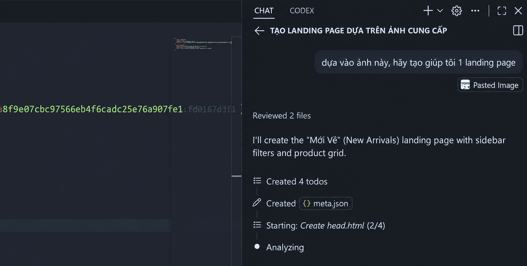 Kéo ảnh mẫu vào khung chat AI trong VS Code