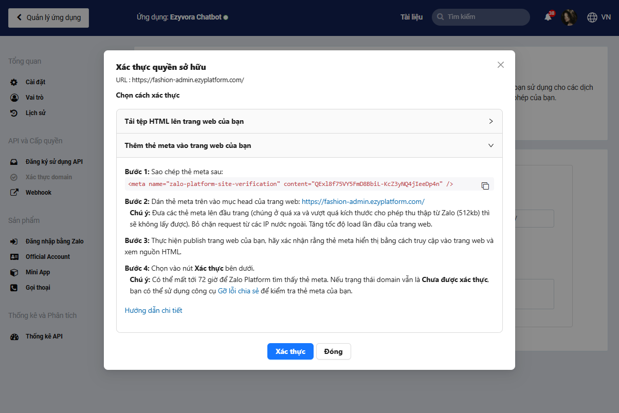 Thẻ meta xác thực website do Zalo cung cấp