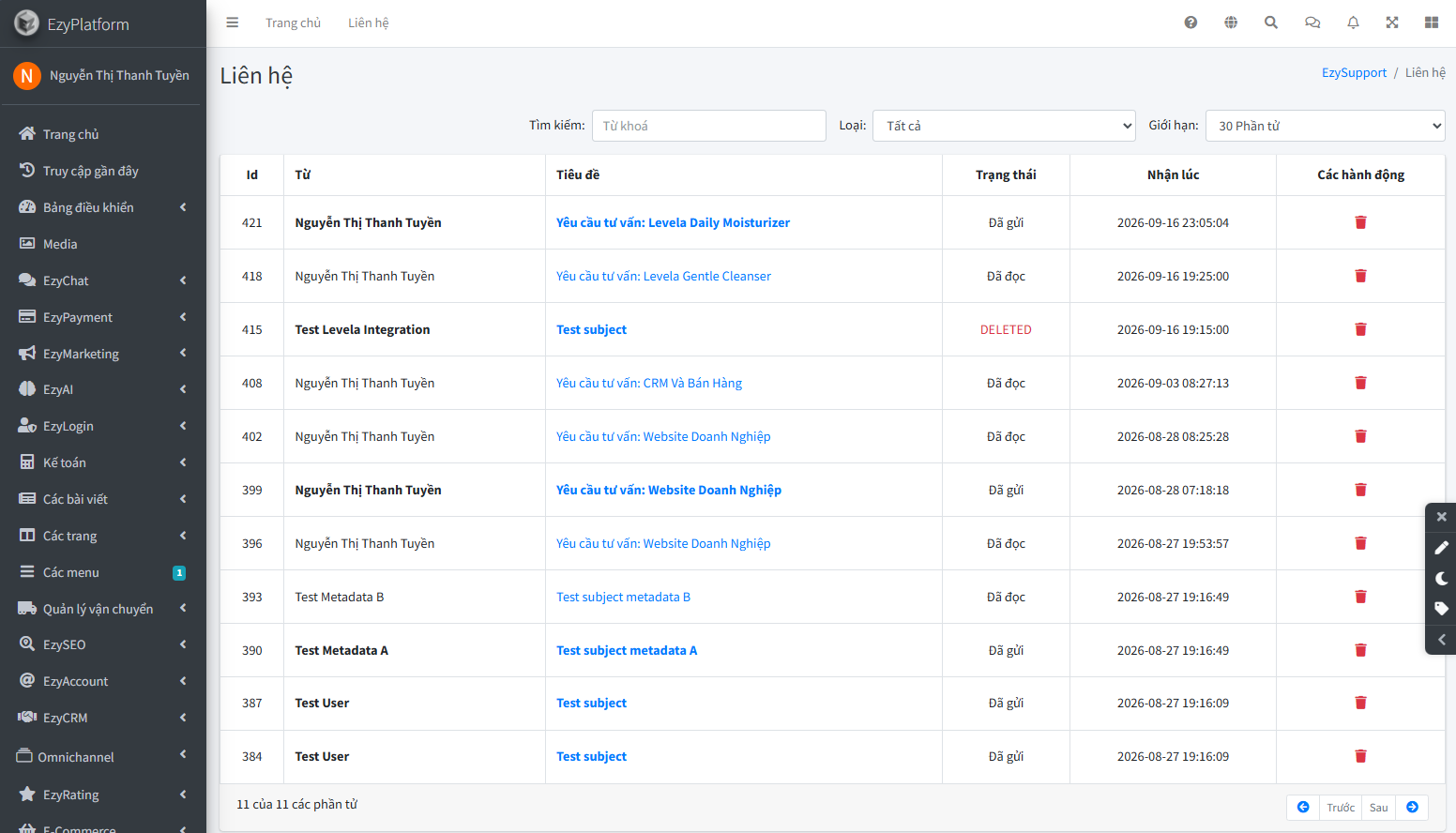 Yêu cầu tư vấn Levela xuất hiện trên EzyPlatform Admin - EzySupport