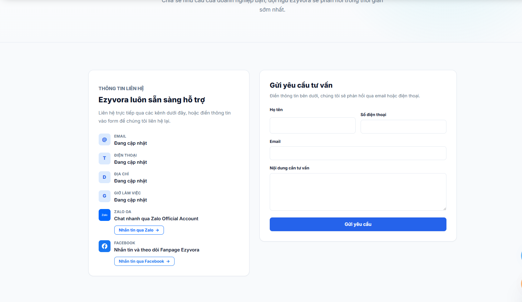 Trang Liên hệ sau khi bổ sung Zalo OA và Facebook