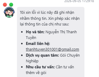 Thông tin khách hàng mà chatbot đã thu thập được trong cuộc trò chuyện