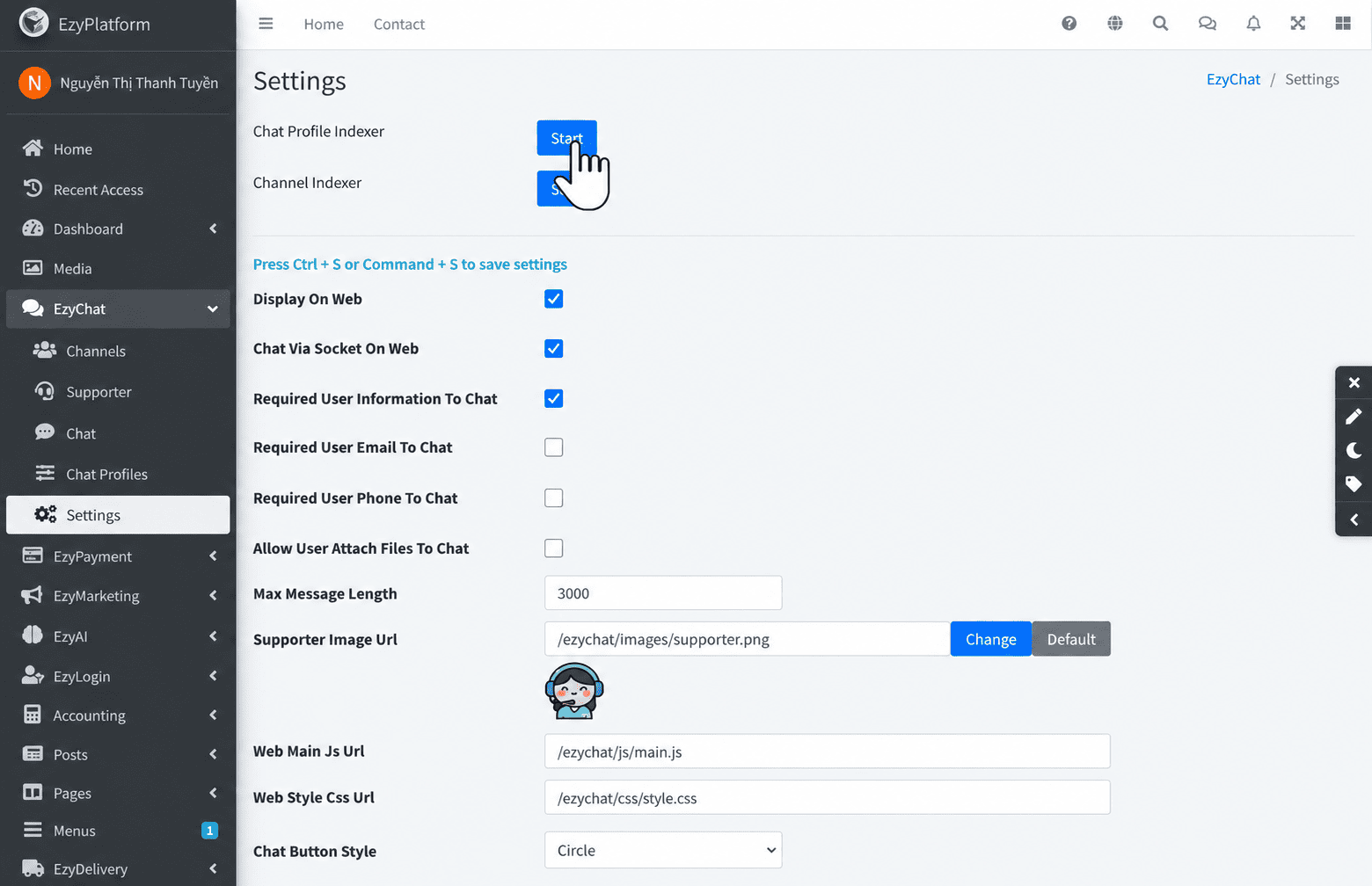 Nhấn Start tại Chat Profile Indexer trong EzyChat Settings