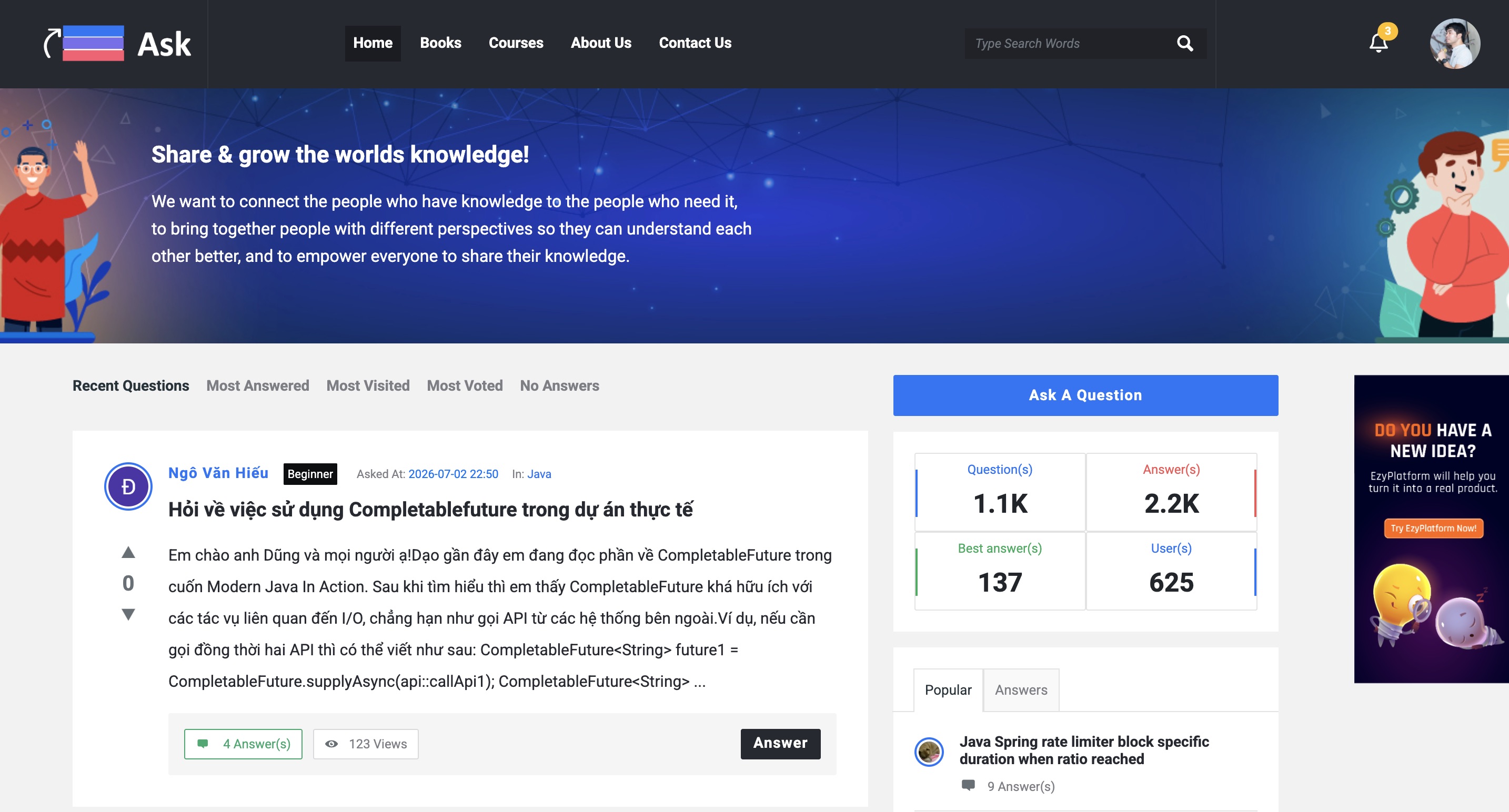 Không gian hỗ trợ Ask của EzyPlatform